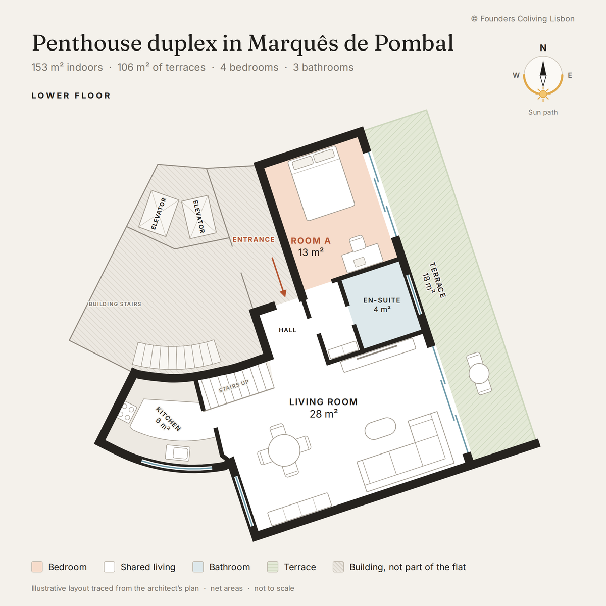 Lower floor plan with Room A and its en-suite, the hall, the living room, the kitchen and the 18 m² terrace