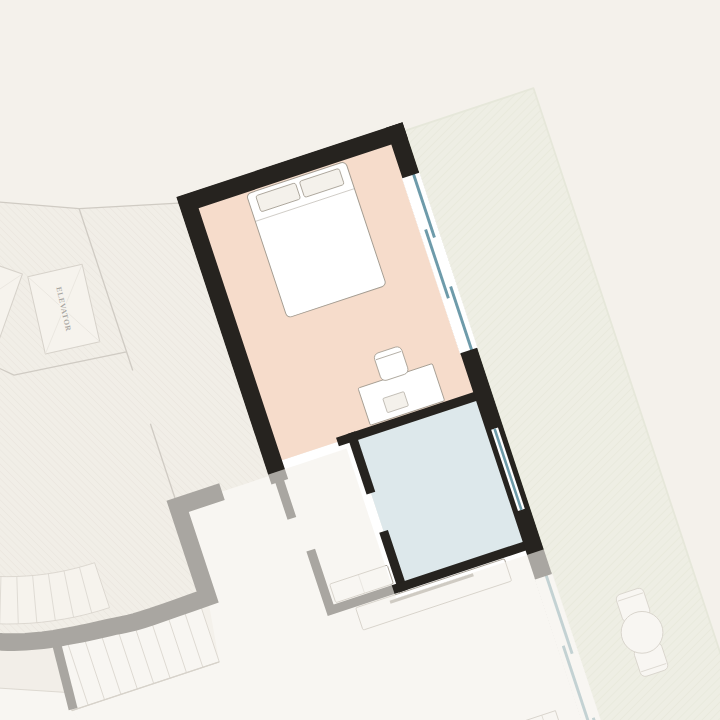 Room A on the lower floor plan, with the en-suite bathroom and the glass door to the terrace
