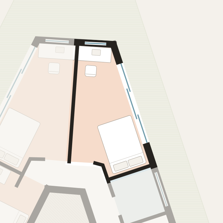 Room B on the upper floor plan, with the glass door to the east terrace