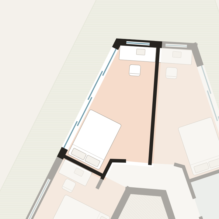 Room C on the upper floor plan, with the glass door to the west terrace