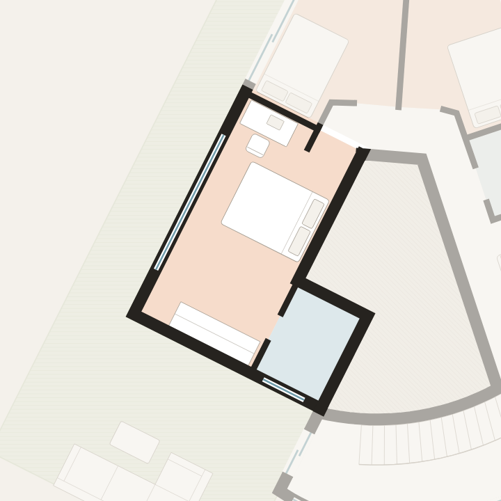 Room D on the upper floor plan, with the en-suite bathroom and its own door to the large terrace